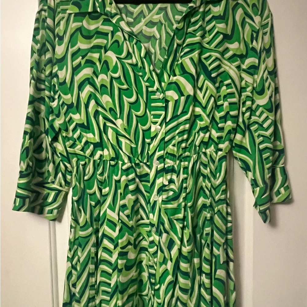 Zara Green and White Long Sleeve Dress